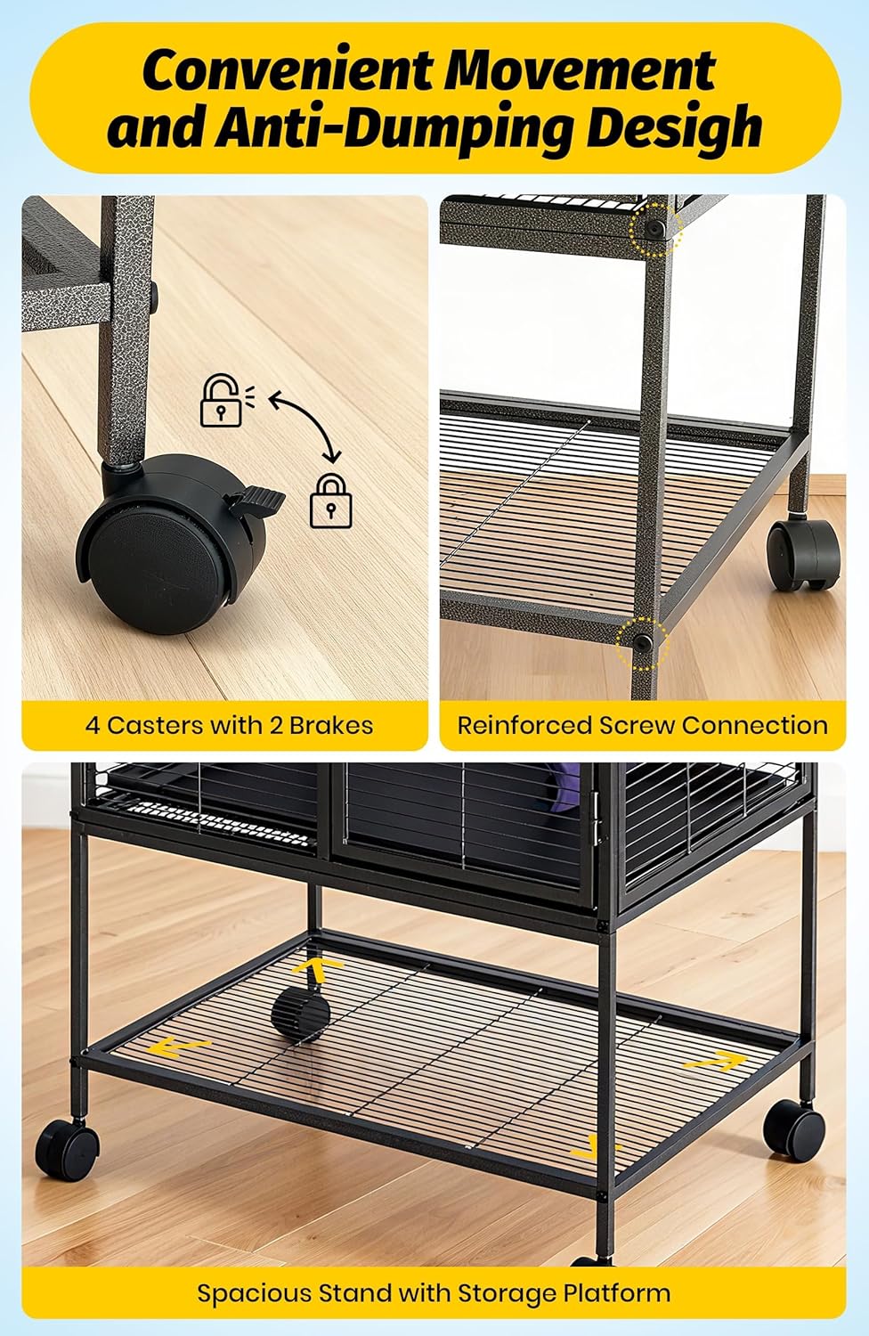 34 Inch High Small Animal Cage for Ferrets, Chinchillas, Hedgehogs - 4 Tier Large Hamster Cage with Removable Ramp, Comfortable Hammock, Extra Storage Stand, and Easy-to-Clean Removable Tray