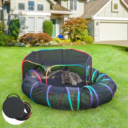Outdoor Cat Enclosures, Portable Rainbow Catio Playground with Storage Bag & 4 Tent Stakes for Cats and Small Animals, Foldable Cat Playpen with Tunnel for Outside and Indoor Play