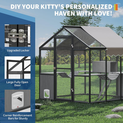 Aluminum Outdoor Cat Enclosure with Weatherproof Roof, Extra Large Catio with Channels, Side Door, UV Proof Cover, Huge Condo, Platform, Walk-in Large Outdoor Catio for Multiple Cats