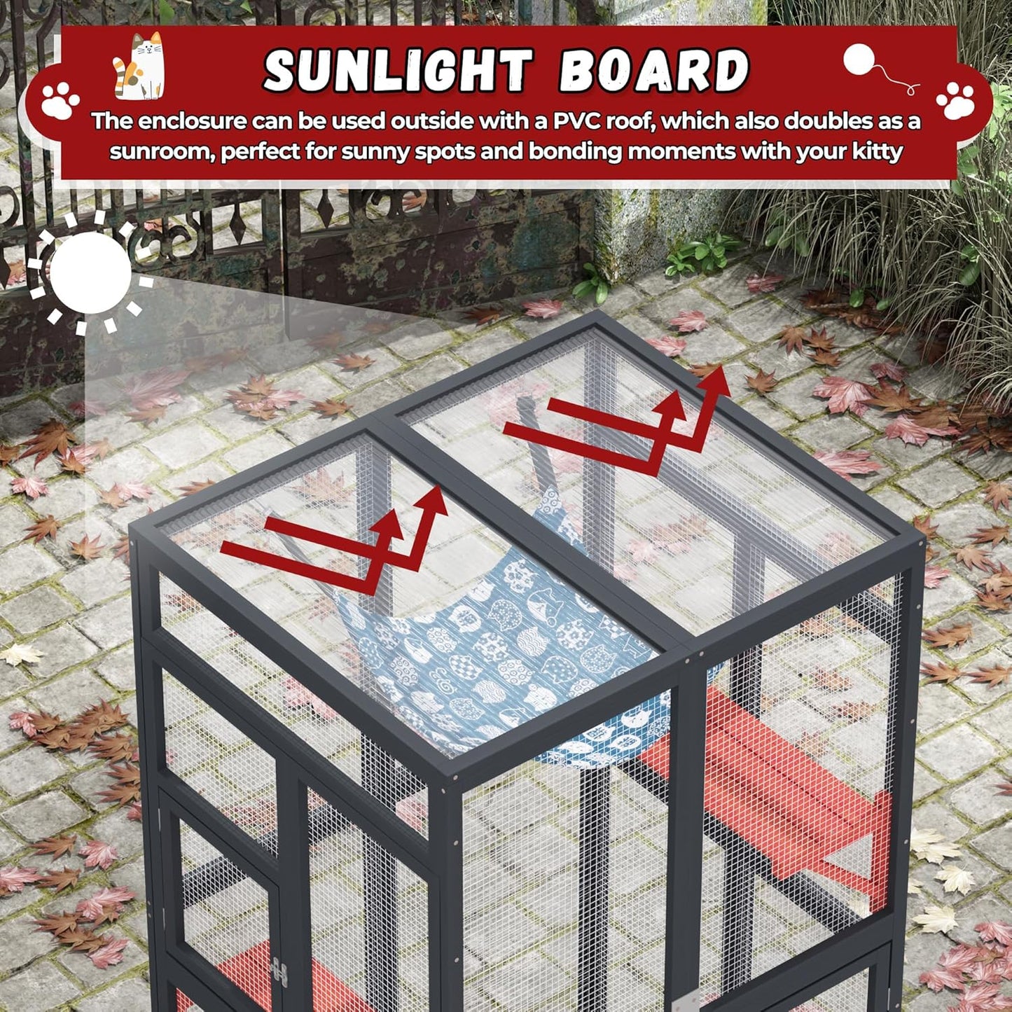 COZIWOW Halloween Outdoor Cat Catio - Spooky Window Access Cat Enclosure with Jumping Platforms, Weatherproof Wooden Shelter for Patio/Garden (Black, 2 Platforms + Hammock, 44lbs Capacity)