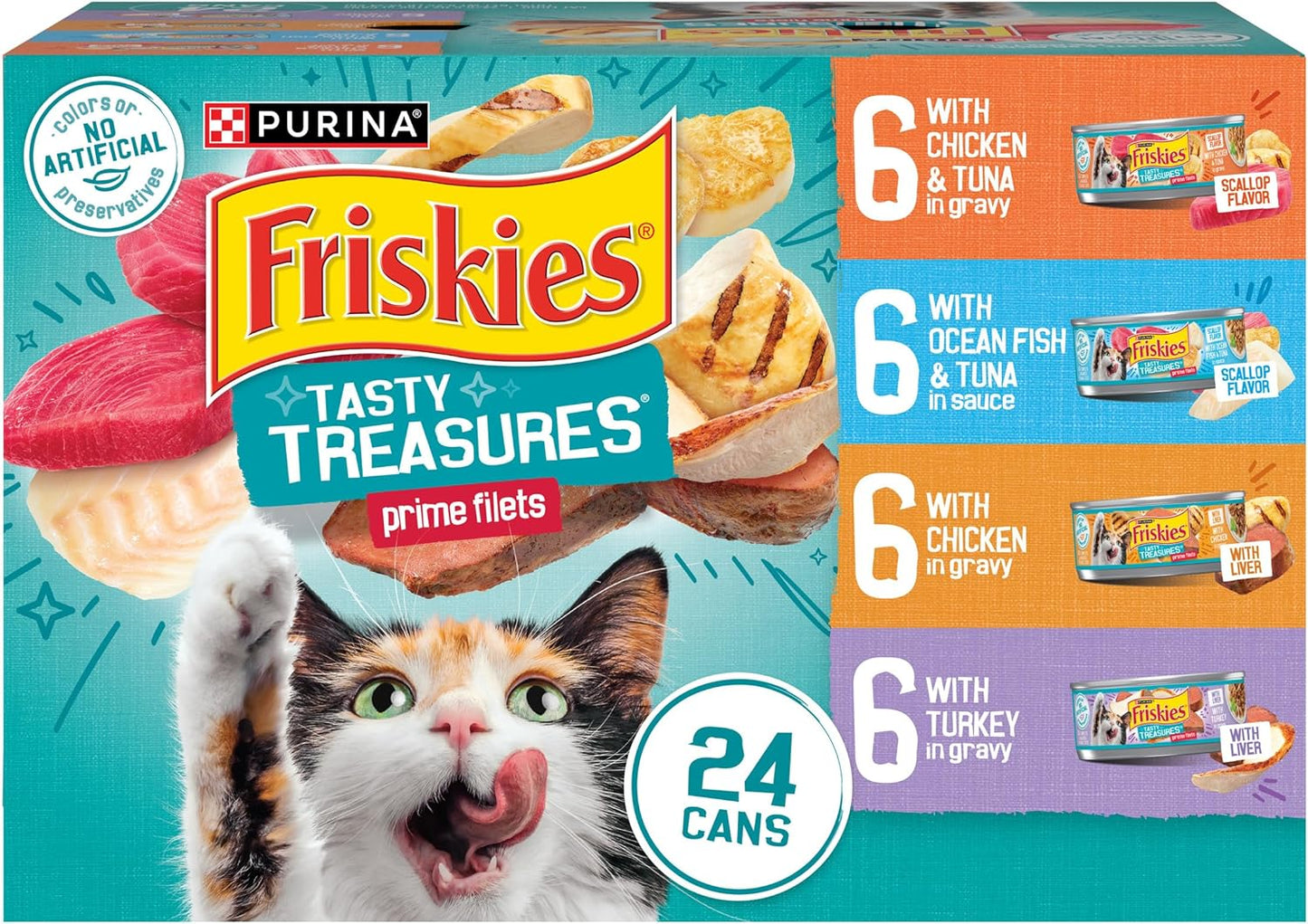 Purina Friskies Wet Cat Food Variety Pack, Tasty Treasures Prime Filets (With Chicken and Tuna, With Chicken, and With Ocean Fish and Tuna, and With Turkey) - (Pack of 24) 5.5 oz. Cans