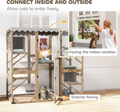 PawHut Catio Outdoor Cat Enclosure, Wooden Cat House with Window Access, 5 Platforms and 2 Resting Box, Waterproof Roof, Kitty Cage for Multiple Kittens, 59" H, Brown