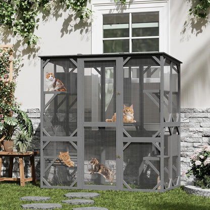 70 in Walk-in Catio with Window Access, Extra Large Outdoor Cat Enclosure for Multiple Cats, Waterproof Roof Cattery with Bridge and Scratching Post Outside Patio Cat Playpen Grey