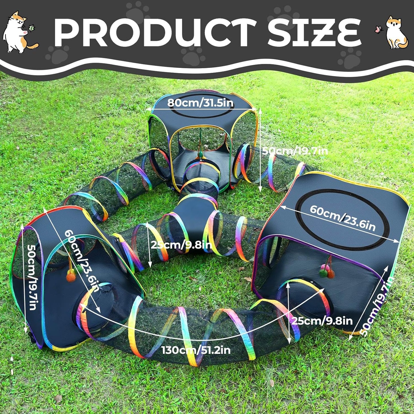 CypherX Outdoor Rainbow Cat Enclosure, 7 in 1 Portable Cat Tents for Outside Cage Free Outside Pet Enclosure Cat Tunnel Outdoor Playground for Indoor Cats and Small Animals