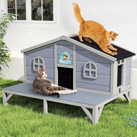 Outdoor Feral Cat House, Large Wooden Outside Cat Shelter with Balcony, Sloped Weathproof Roof, Elevated Legs, Escape Doors, Grey