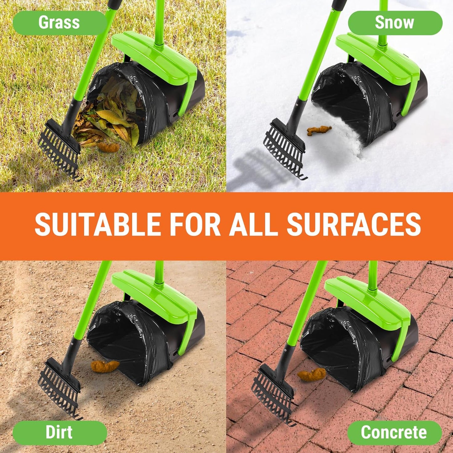 Pupzle Dog Pooper Scooper with Bag Attachment, 40" Long Handle Pooper Scooper for Large Dogs, Dog Poop Scoop for Yard, Large Capacity Swivel Bin and Rake, Lavender Scented Bags (Green)