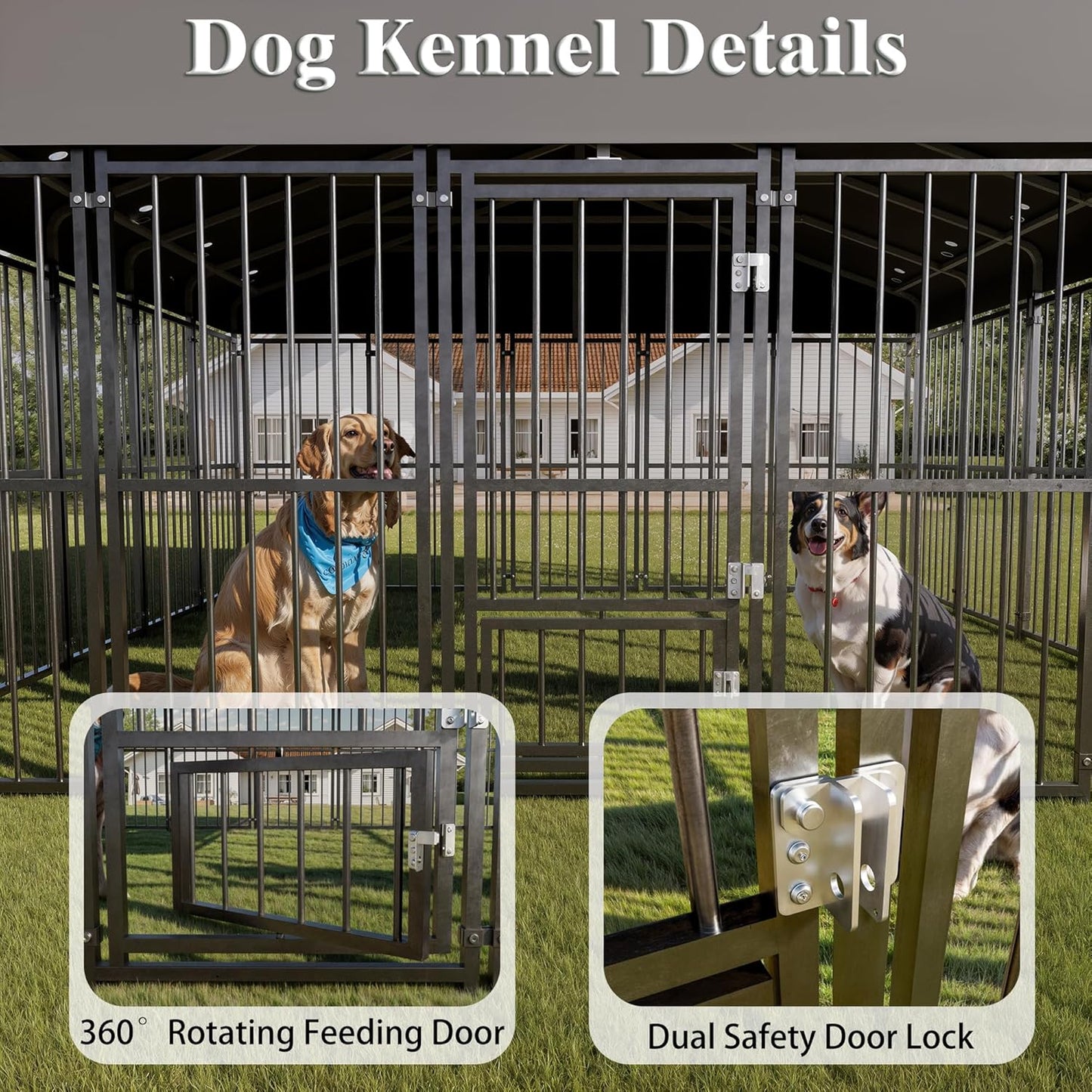 10x14FT Outdoor Dog Kennel, Heavy Duty Dog Run Enclosure with Feeding Door, Large Outside Dog Kennel with Roof & Double Locks for Pets House