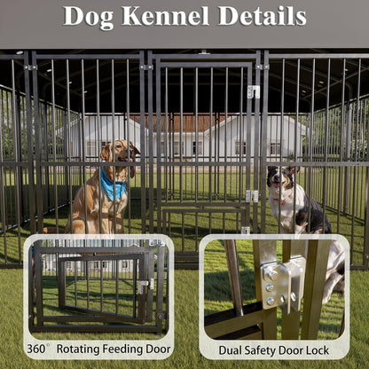 10x14FT Outdoor Dog Kennel, Heavy Duty Dog Run Enclosure with Feeding Door, Large Outside Dog Kennel with Roof & Double Locks for Pets House