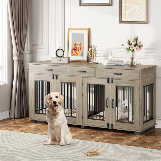 XXL Wooden Double Dog Crate Furniture for 2 Large or Medium Dogs – Indoor Kennel with 3 Drawers, Removable Divider, Double Doors, TV Stand & End Table, Classic Oak (Grey)