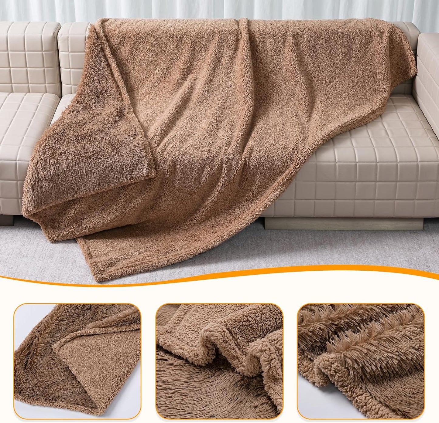 Winter Brown Waterproof Calming Pet Blankets for Dogs Waterproof Long Faux Fur Fluffy Blanket for Doggie Cats Sherpa Fleece Warm Couch Sofa Beds Covers(Brown,L-65x57in)