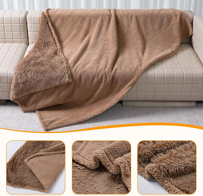 Winter Brown Waterproof Calming Pet Blankets for Dogs Waterproof Long Faux Fur Fluffy Blanket for Doggie Cats Sherpa Fleece Warm Couch Sofa Beds Covers(Brown,L-65x57in)