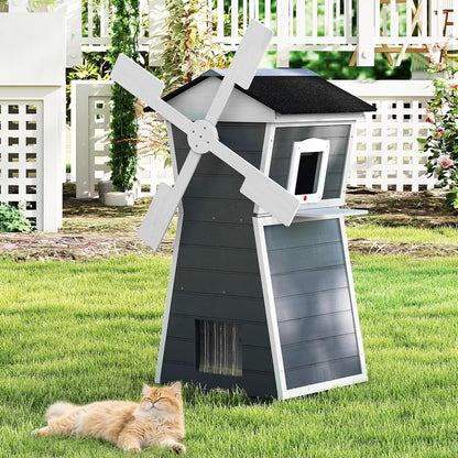 Coziwow Outdoor Cat House,Windmill-Shaped Kitty Enclosure with Waterproof Roof, Jumping Platform & Balcony for Porch or Garden