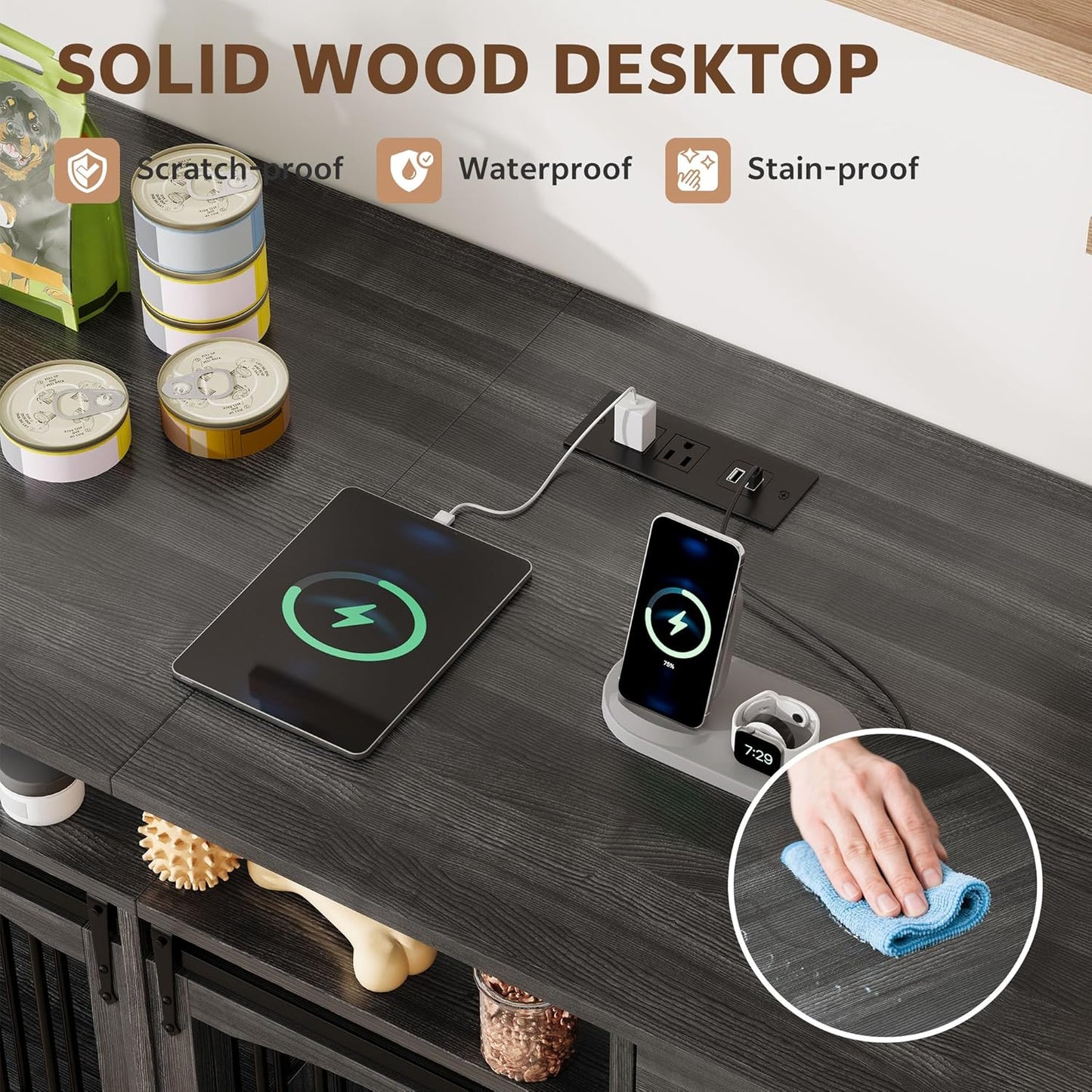 70.86" Double Dog Crate Furniture with Storage for 2 Medium Large Dogs Farmhouse Wooden Dog Kennel Furniture with 2 Sliding Doors Divider & Power Outlet Decorative Dog Cage TV Stand Dark Grey