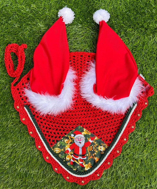 Horse Ear Bonnet Santa Claus Double Hats Fly Hood Ear Net Fly Veil Gift for A Christmas Equestrian Tack Equine (Printing, Cob)