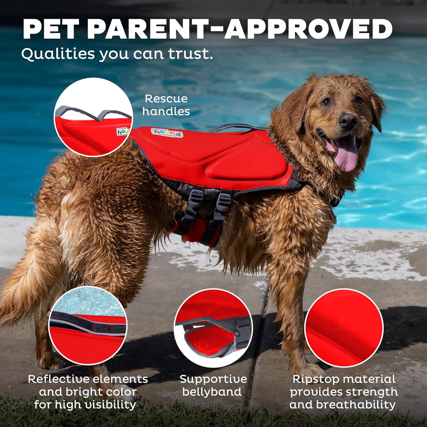 Outward Hound Dawson Swim Dog Life Jacket, High-Performance Neoprene Dog Life Vest for Swimming, Boating, and Water Safety, Large, Red