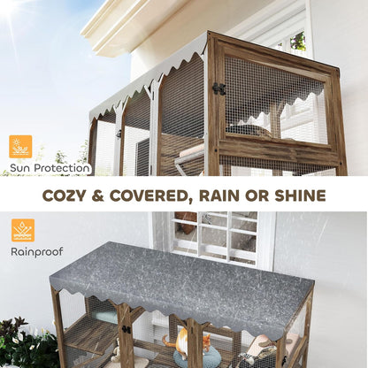 PawHut Catio Outdoor Cat Enclosure, Wooden Cat House with Window Access, 5 Platforms and 2 Resting Box, Waterproof Roof, Kitty Cage for Multiple Kittens, 59" H, Brown