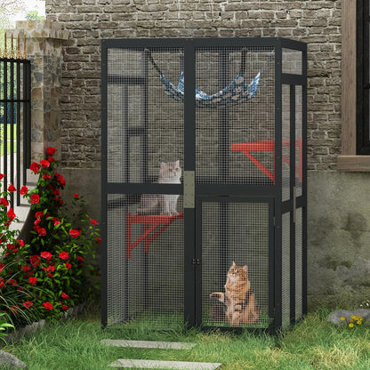 COZIWOW Halloween Outdoor Cat Catio - Spooky Window Access Cat Enclosure with Jumping Platforms, Weatherproof Wooden Shelter for Patio/Garden (Black, 2 Platforms + Hammock, 44lbs Capacity)