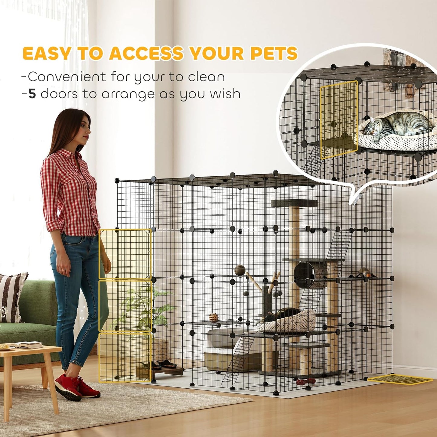 PawHut Cat Cage, 4 x 4 x 4 DIY 4 Tier Cat Enclosure, Detachable Wire Indoor Catio with Hammock, Jumping Platforms, Ramps, Doors, for 1-3 Kittens, 55" L x 55" W x 55" H, Black