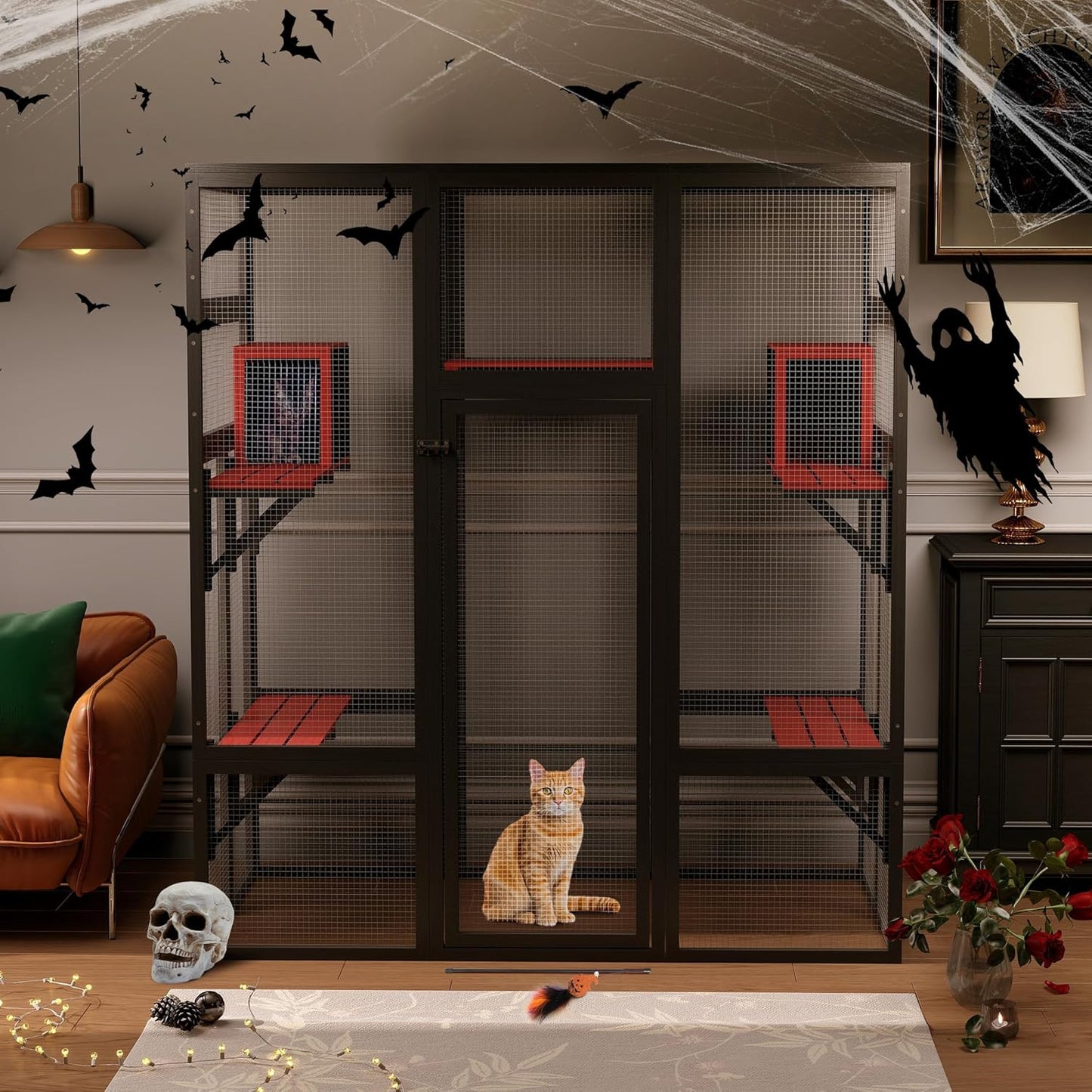 COZIWOW 70Inches Large Spacious Wooden Catio Outdoor Cat Enclosure with Perches and Condos, Cat Cage Indoor with Waterproof Roof, 7 Platforms & 2 Resting Box, UV Resistant (Gothic)