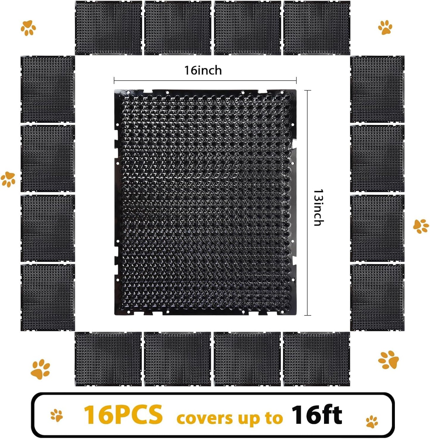 16 Pack Cat Repellent Outdoor Mat Cats Dogs Plastic Bendable Spiked Deterrent Training Repellent PET Mats with Spikes for Indoor Outdoor Supplies, 18.3 Square Feet, 16 x 13 Inch(Black)