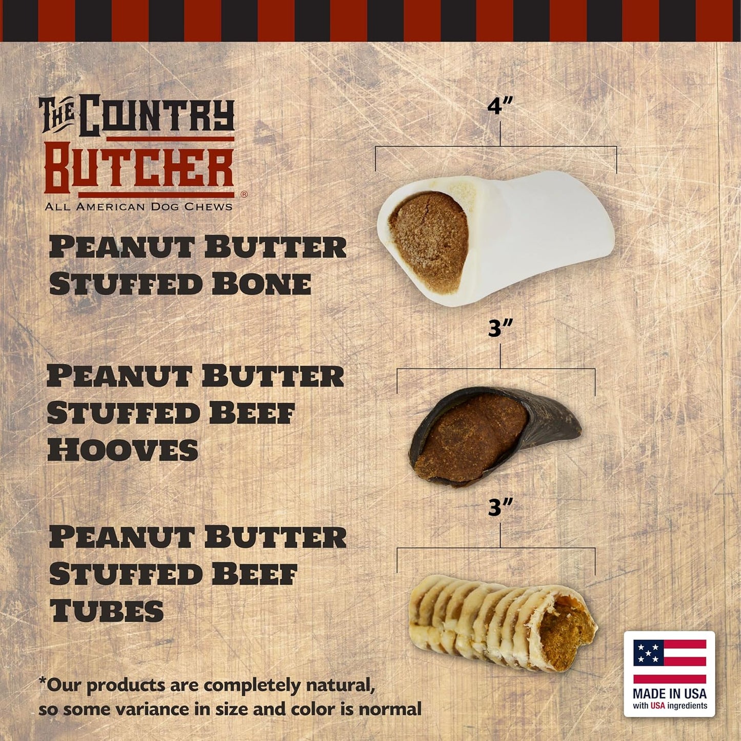 Peanut Butter Lovers Dog Treat Bundle – 2 Peanut Butter Filled Bones, 2 Hooves, 2 Trachea