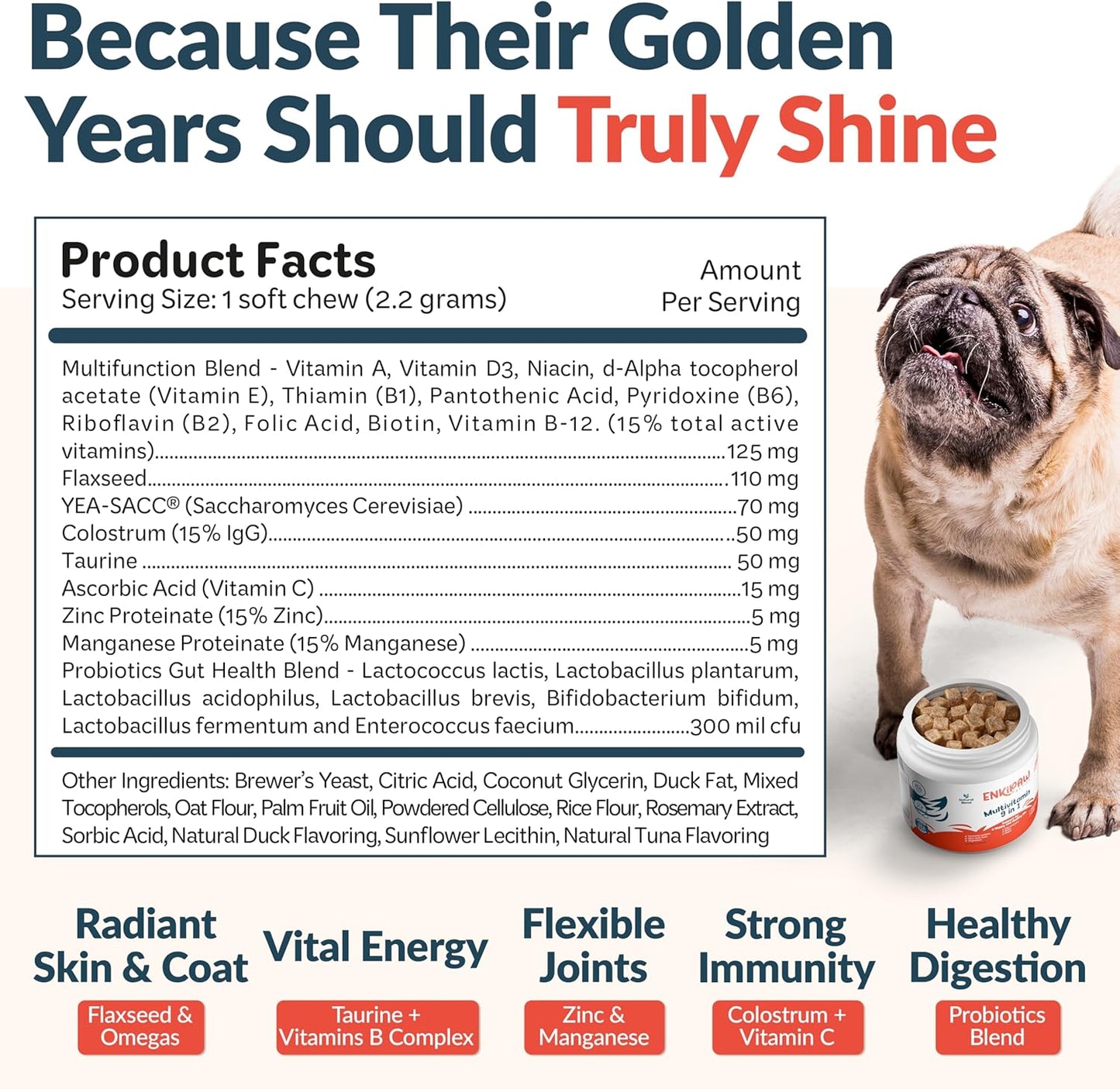 9-in-1 Senior Dog Supplement Multivitamin - Soft Dog Chews Treats for Joints, Energy, Digestion, Immunity | Probiotics, Colostrum, Omegas, Taurine – Duck Flavor - 120 Chewables