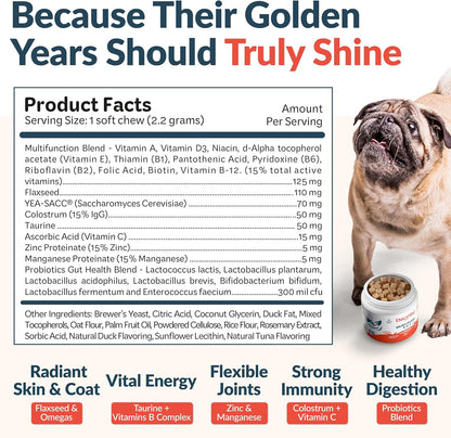 9-in-1 Senior Dog Supplement Multivitamin - Soft Dog Chews Treats for Joints, Energy, Digestion, Immunity | Probiotics, Colostrum, Omegas, Taurine – Duck Flavor - 120 Chewables