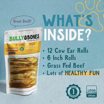 Bully & Bones 6 Inch Cow Ear Rolls (12 Pack) for Dogs. Collagen and Protein Rich, Healthy Single-Ingredient Beef chew Treats Crafted to Stimulate Your Dog’s Taste Buds. 6” Cow Ear Rolls.