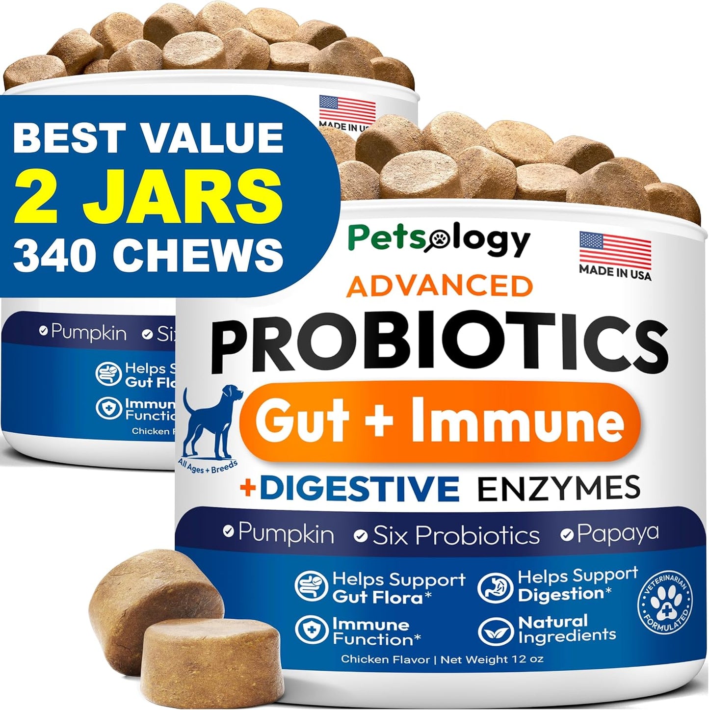 (2 Pack) Probiotics for Dogs - 340 Dog Probiotics Chews - Digestive Enzymes & Prebiotics - Support Gut Health, Diarrhea, Gas & Constipation Relief - Itchy Skin, Allergies - Advanced Supplement