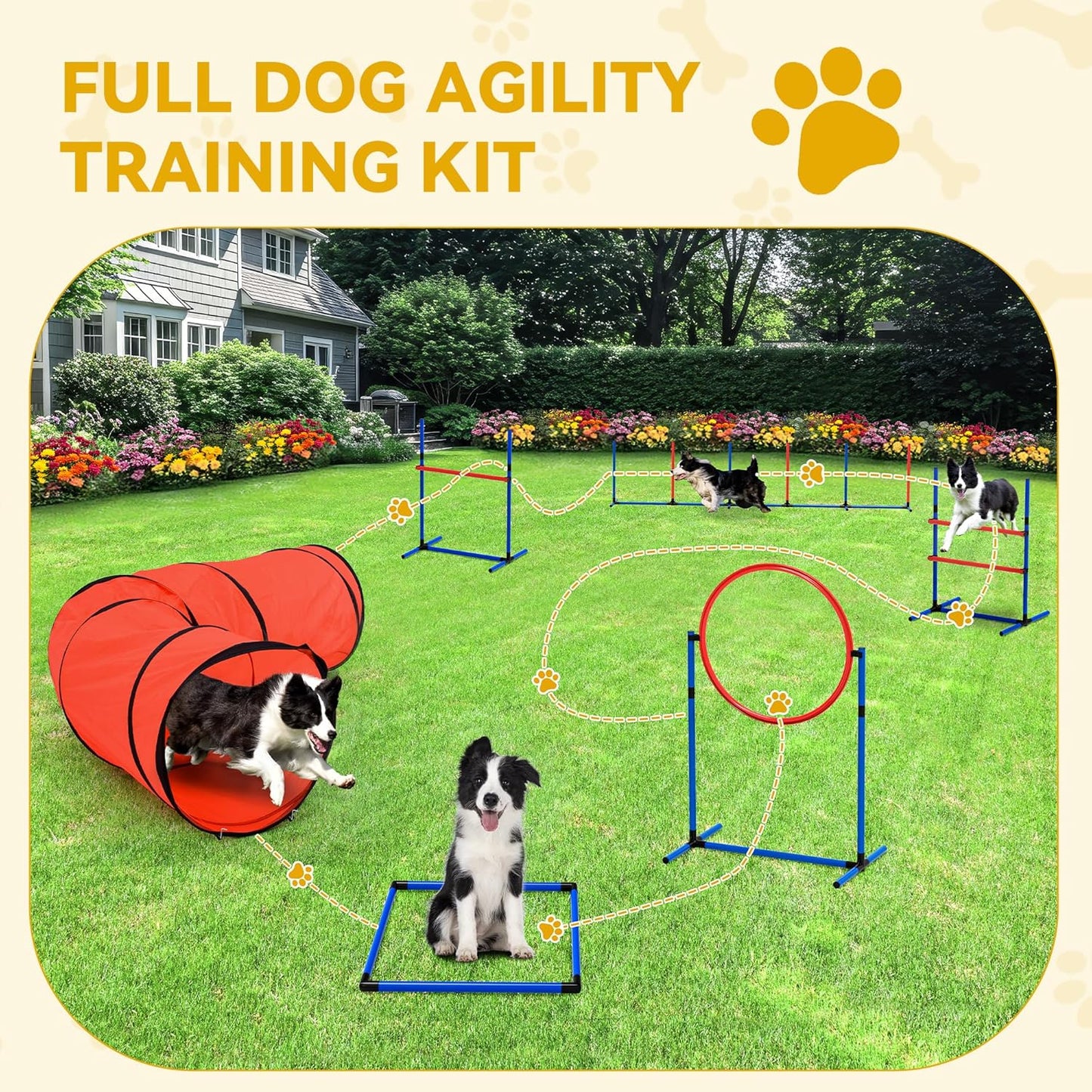 DWVO Dog Agility Accessories Kit: Comprises of a Teaser Pole, 2 Hurdles, 3 Flying Discs, 6 Weaving Poles, Agility Tunnel, Pause Box, Full Set of Agility Equipment for Backyard Indoors Outdoors