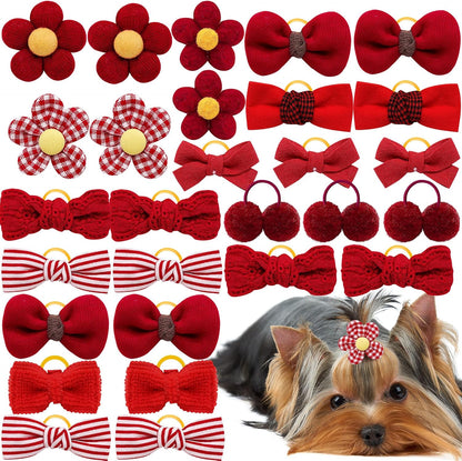 20pc Red Small Dog Hair Bows with Rubber Bands, Bulk Puppy Dog Hair Bows, Mix Handmade Cute Dog Gooming Flower Ball Bowknot Top Knot for Holiday Daily Yorkie Dog Hair Accessories