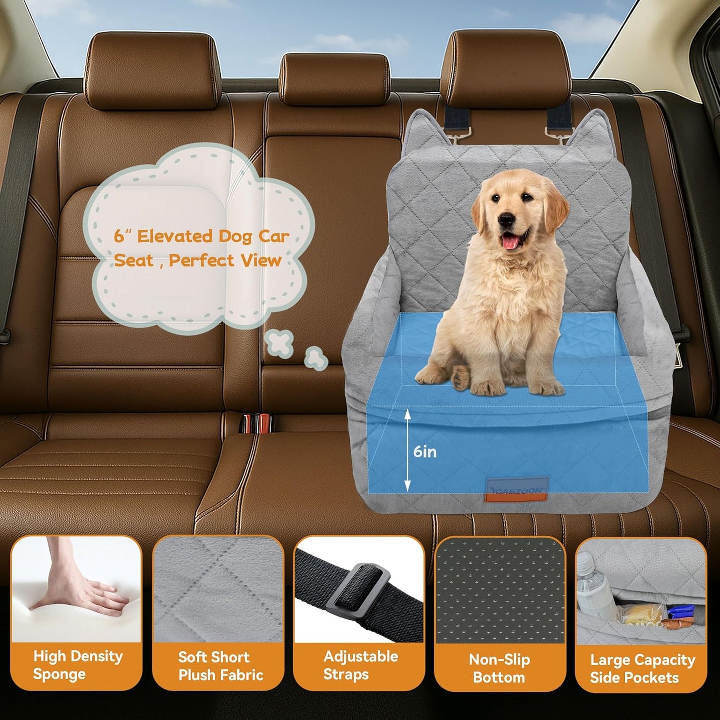 Dog Car Seat for Small/Medium Dogs Up to 35lbs,Elevated Cushion Fits in Front/Back Seat,Travel Safety Per Car Bed with Washable Removable Cover, Storage 2 Pockets Grey