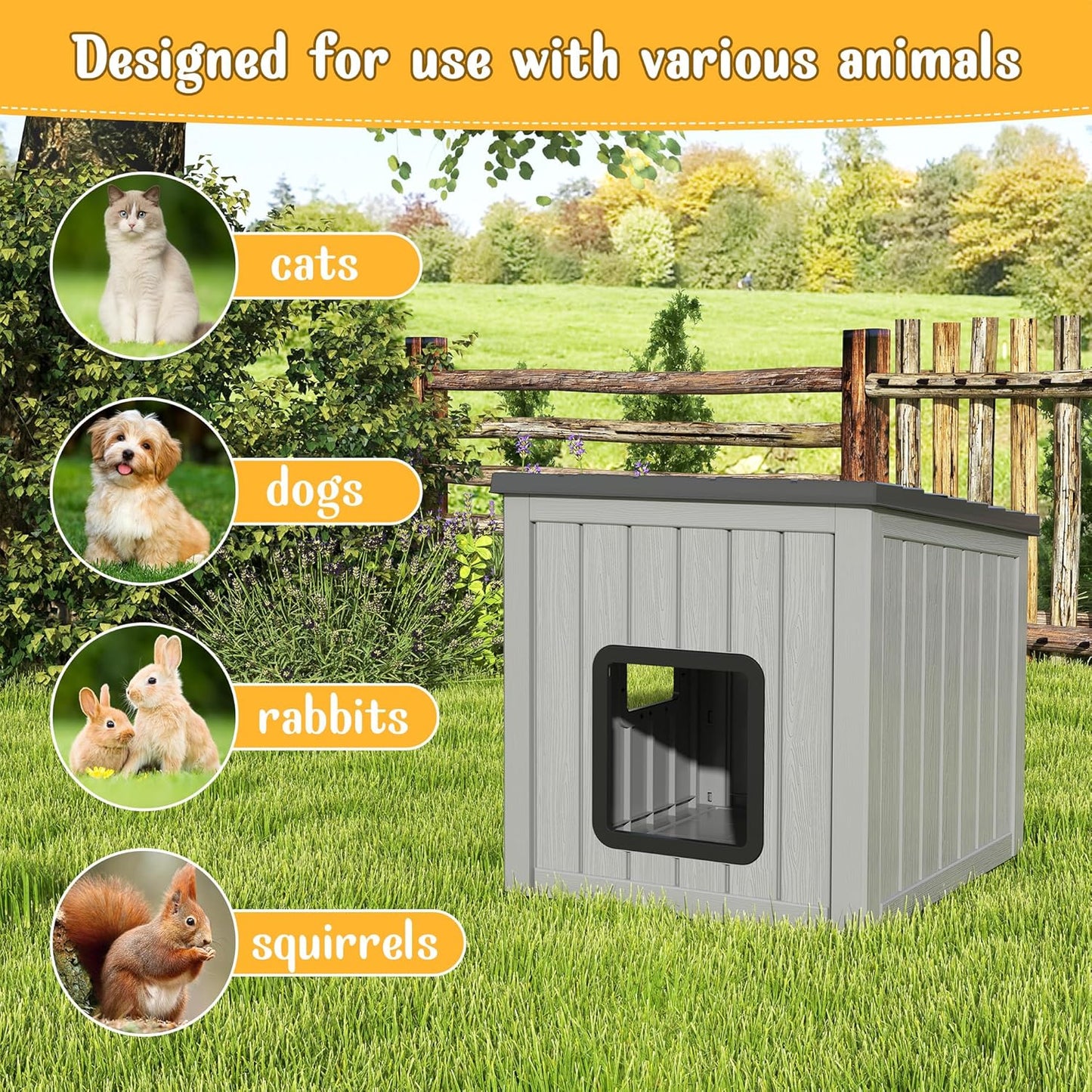 KAMABOKO Outdoor Cat Shelter Weatherproof PP Plastic Cat House for Winter, Insulated Cat Condo for Feral and Outdoor Cats with Waterproof Flat Base for Porch, Backyard, Black