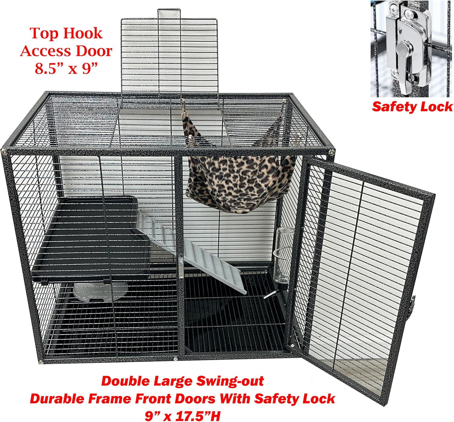 Deluxe Double Unit Two Full Story Durable Front Doors Tight 1/2-inch Wire Spacing Chew-Free Small Animal Critter Home Cage Water Bottle Food Bowl for Feisty Ferret Hammock Rat Mice On Wheels