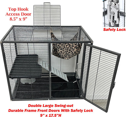 Deluxe Double Unit Two Full Story Durable Front Doors Tight 1/2-inch Wire Spacing Chew-Free Small Animal Critter Home Cage Water Bottle Food Bowl for Feisty Ferret Hammock Rat Mice On Wheels
