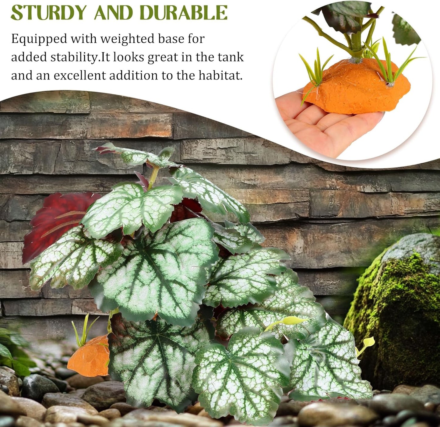 Reptile Plants for Terrarium, Amphibian Habitat Decor Plant, Bearded Dragon Tank Decorations, Artificial Plants for Gecko Lizard Chameleon Tortoise Ball Python Snake with Base - Fake Saxifrage