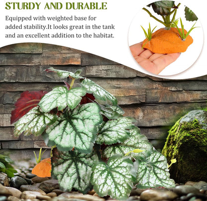 Reptile Plants for Terrarium, Amphibian Habitat Decor Plant, Bearded Dragon Tank Decorations, Artificial Plants for Gecko Lizard Chameleon Tortoise Ball Python Snake with Base - Fake Saxifrage