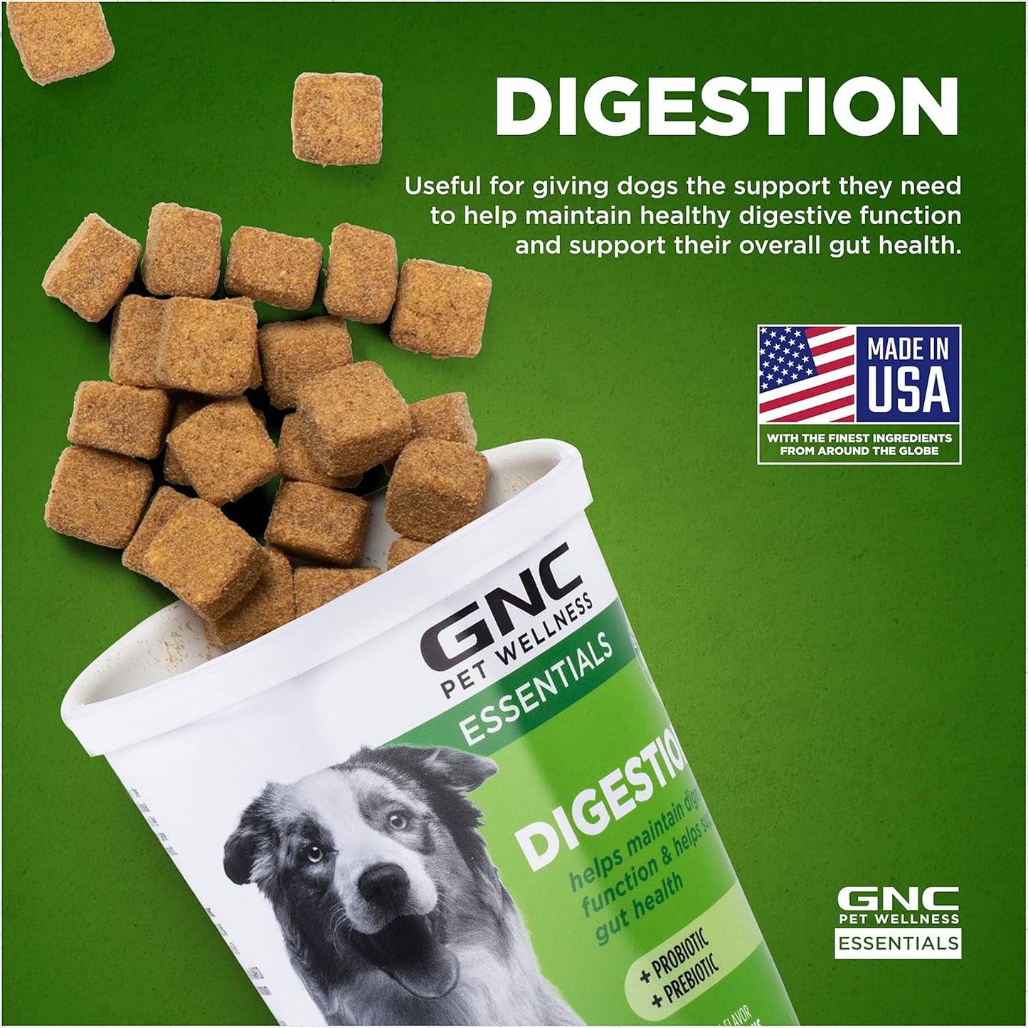 GNC Pets Essentials Digestion Dog Supplements, Probiotic Support Soft Chews in Bacon Flavor for Dogs, Daily Digestion Aid in Reusable Container - Puppy & Adult Pet Health Supplement, 60 Count