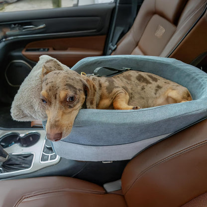 Center Console Dog Car Seat | 11 lbs MAX | Safety Straps & Leash | Comfortable Foam and Plush Pillows | Adjustable Mount Design | Large Storage Pockets | Perfect for Small Pets & Cats (Grey)