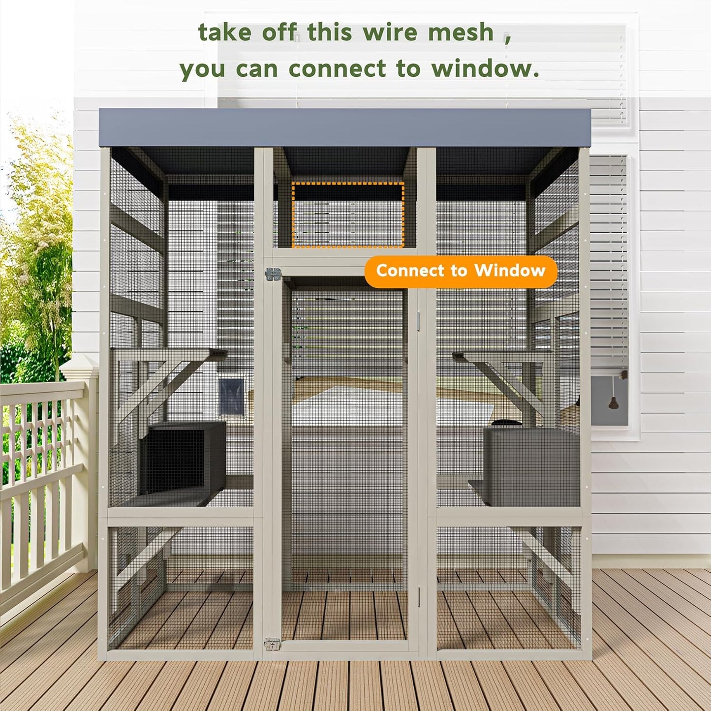 KEIKI 62.6" Outdoor Wooden Catio for Cats, Large Cat Shelter Enclosure with Platforms, Cat Houses with Secure Rust-Proof Wire and Upgrade, Waterproof CoverPet Cage for Patio or Backyard