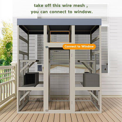 KEIKI 62.6" Outdoor Wooden Catio for Cats, Large Cat Shelter Enclosure with Platforms, Cat Houses with Secure Rust-Proof Wire and Upgrade, Waterproof CoverPet Cage for Patio or Backyard