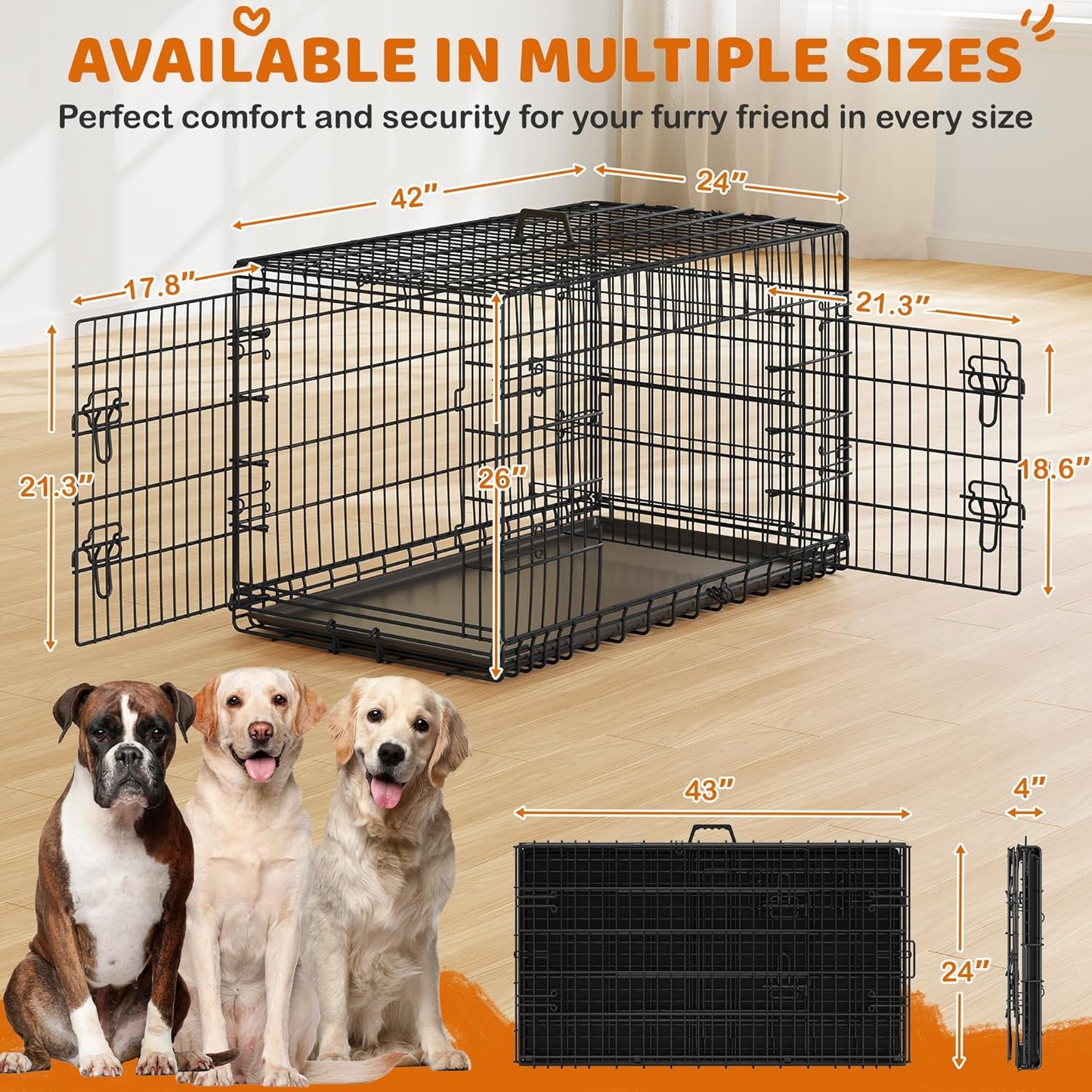 Yaheetech 42 inch Double Door Dog Crate w/Divider for Puppy to Adult XL Collapsible Metal Crate with Removable Tray Wire Dog Kennel for Large Dogs Portable Travel Cage, Black