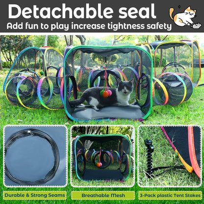 CypherX Outdoor Rainbow Cat Enclosure, 7 in 1 Portable Cat Tents for Outside Cage Free Outside Pet Enclosure Cat Tunnel Outdoor Playground for Indoor Cats and Small Animals