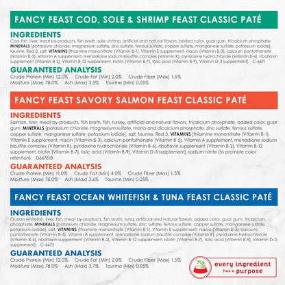 Purina Fancy Feast Seafood Classic Pate Collection Grain Free Wet Cat Food Variety Pack - (Pack of 24) 3 oz. Cans