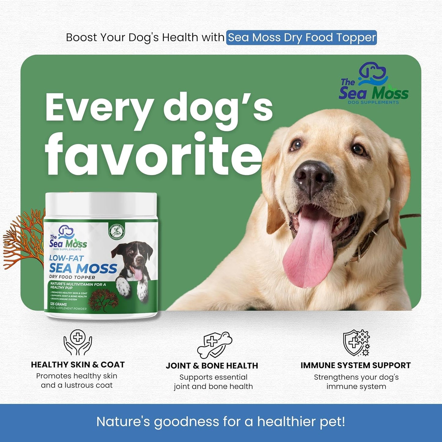 The Sea Moss Low-Fat Dog Supplement Powder, Dry Food Topper - Multivitamin Supports Skin, Coat, Joints, Digestion & Immune Health - Vitamins & Minerals – All Breeds & Sizes - 125 Grams