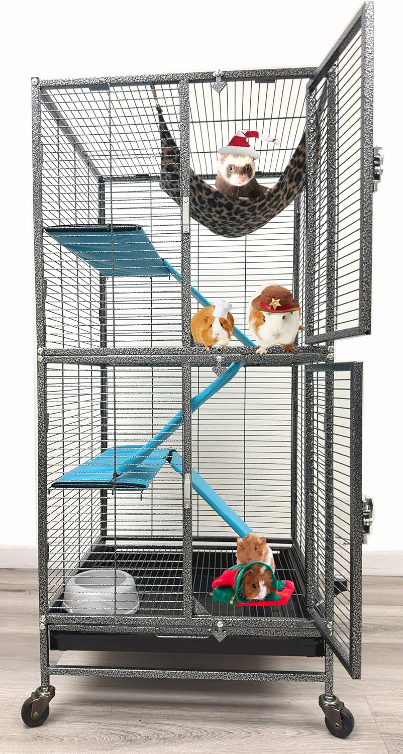 Deluxe Double Unit Two Full Story Durable Front Doors Tight 1/2-inch Wire Spacing Chew-Free Small Animal Critter Home Cage Water Bottle Food Bowl for Feisty Ferret Hammock Rat Mice On Wheels