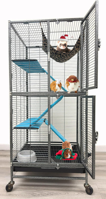 Deluxe Double Unit Two Full Story Durable Front Doors Tight 1/2-inch Wire Spacing Chew-Free Small Animal Critter Home Cage Water Bottle Food Bowl for Feisty Ferret Hammock Rat Mice On Wheels