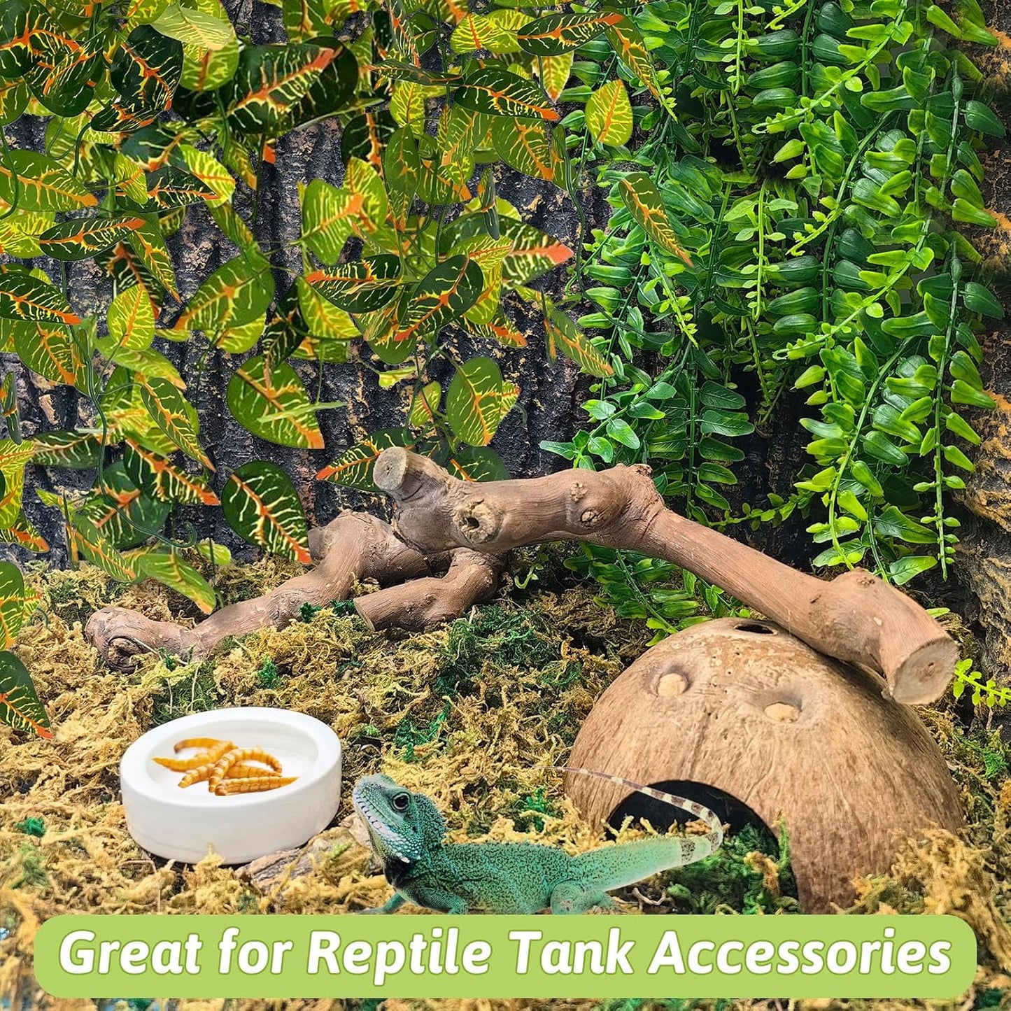 VCEPJH Snake Climbing Branch, 2Pcs Reptile Wood Natural Cork Log and 4 Pcs Reptile Plants, Climbing Wood Branch Terrarium Hanging Fake Plant Leaves for Snake Leopard Gecko Lizard Chameleon