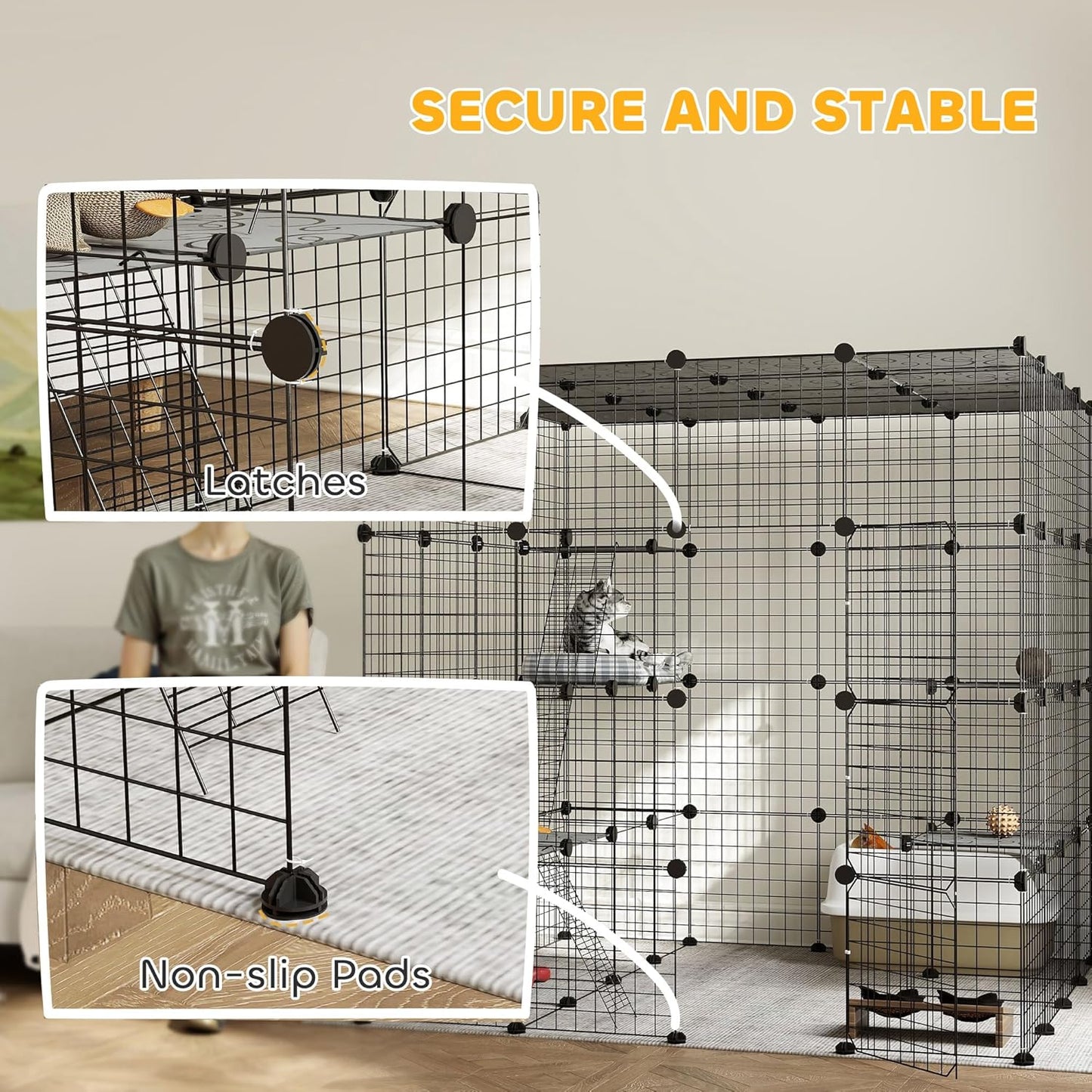 PawHut Cat Cage, 4 x 4 x 4 DIY 4 Tier Cat Enclosure, Detachable Wire Indoor Catio with Hammock, Jumping Platforms, Ramps, Doors, for 1-3 Kittens, 55" L x 55" W x 55" H, Black