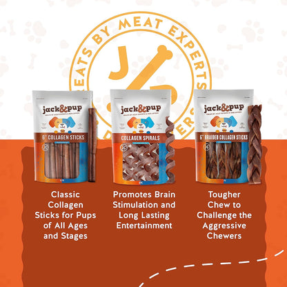Jack&Pup 12" Braided Beef Collagen Sticks for Dogs - Rawhide Free Dog Chews Long Lasting Collagen Chews for Dogs - Bully Sticks Alternative (8 Pack)